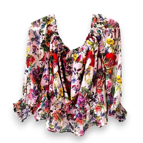 Aqua Tops - AQUA Mary Katrantzou Floral Off The Shoulder Smocked Top 1X NWT